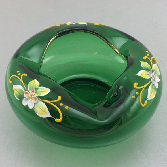 Vintage Bohemian Green Art Glass Ashtray with Handpainted Flowers and Gold Gilt - Picture 1 of 10